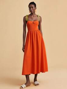 Travachic 女士撞色褶皱肩部打结设计连衣裙，热带风情，波西米亚风，西部风情，夏季连衣裙，夏季套装，女士夏季连衣裙，女士优雅连衣裙，女士度假套装，节日连衣裙，女士复活节连衣裙，沙滩连衣裙 - 橘色 - 查看 6