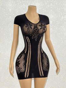 EgrlEra Women's Sexy Black V-Neck Short Sleeve Mini Dress - Black - View 1