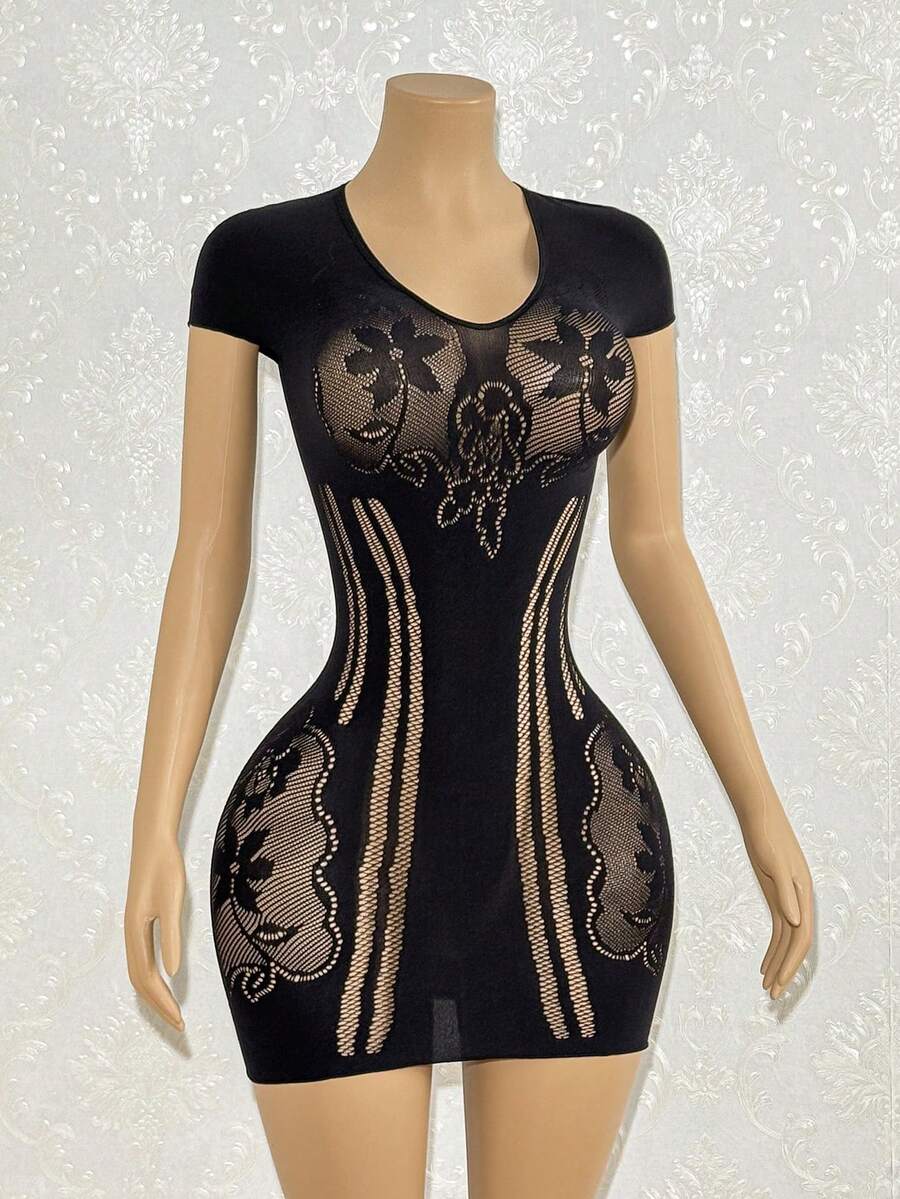 EgrlEra Women's Sexy Black V-Neck Short Sleeve Mini Dress - Black - View 1