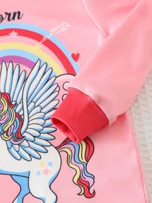 Cozy Pixies Bộ đồ ngủ ôm sát cho bé gái, họa tiết kỳ lân hoạt hình dễ thương phát sáng trong bóng tối, áo tay ngắn cổ tròn bằng vải dệt kim mềm mại và quần legging cạp chun, 2 món. - Hồng - Xem 5