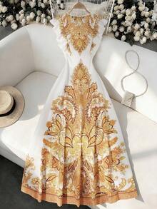 Lyxana Đầm nữ in hoa, cổ chữ V sâu, tay phồng, cài cúc phía trước, thắt eo, kiểu dáng lãng mạn, thanh lịch, thích hợp cho đi làm, hẹn hò, dự tiệc, mùa xuân/hè. - Nhiều màu - Xem 2