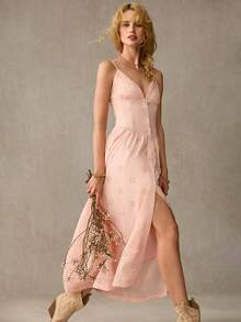 WESTFADE Gemischtes Blumen Lochstickerei V-Ausschnitt Knopfleiste ärmellos Taillenzug Smock Rücken Passform & Flare Midi Kleid Frühling, Sommer, Resort Tragen, Casual, Küsten, Cowgirl, Boho, Süß, Urlaub, Strand, 4. Juli, Festival, Western Tragen, Nashville, Rodeo Outfit, Country Konzert, Stagecoach, Coachella - Pink - Übersicht 7