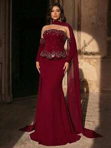 Aureia Plus Size Elegant Romantic Dark Red Open Shoulder Asymmetric Neckline Luxury Faux Pearl & Rhinestone Decor Mermaid Hem With Train Dress, Suitable For Wedding, Party, Celebration, Formal Event, Gala (Intricate Design) - Red - View 8
