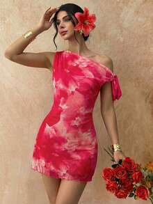 Firerie 女士夏季新款碎花不对称肩部性感优雅度假迷你连衣裙，网纱碎花连衣裙，不对称领口连衣裙，春夏服装，沙滩装，优雅，性感，度假，海滩，夏威夷，约会，派对，音乐节，毕业礼服，舞会礼服 - 彩色 - 查看 4