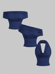 SHEIN MOD 女士95%棉三穿纯色修身上衣（黑色、白色和宝石蓝） - 垂领、露肩、无肩带，休闲美观的春夏上衣，适合参加节日、海滩度假、下午茶会、舞会、嘉年华、西部风情等场合，可爱又时尚。 - 彩色 - 查看 7