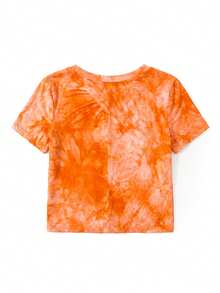 SHEIN EZwear 休闲扎染印花扭结短款T恤，夏季 - 橘色 - 查看 2