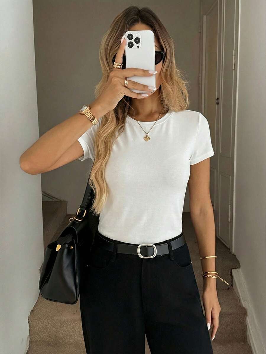SHEIN LUNE Crew Neck All-Match Solid White Fitted Short Sleeve T-Shirt, Suitable For Spring/Summer,Summer Top - White - View 1