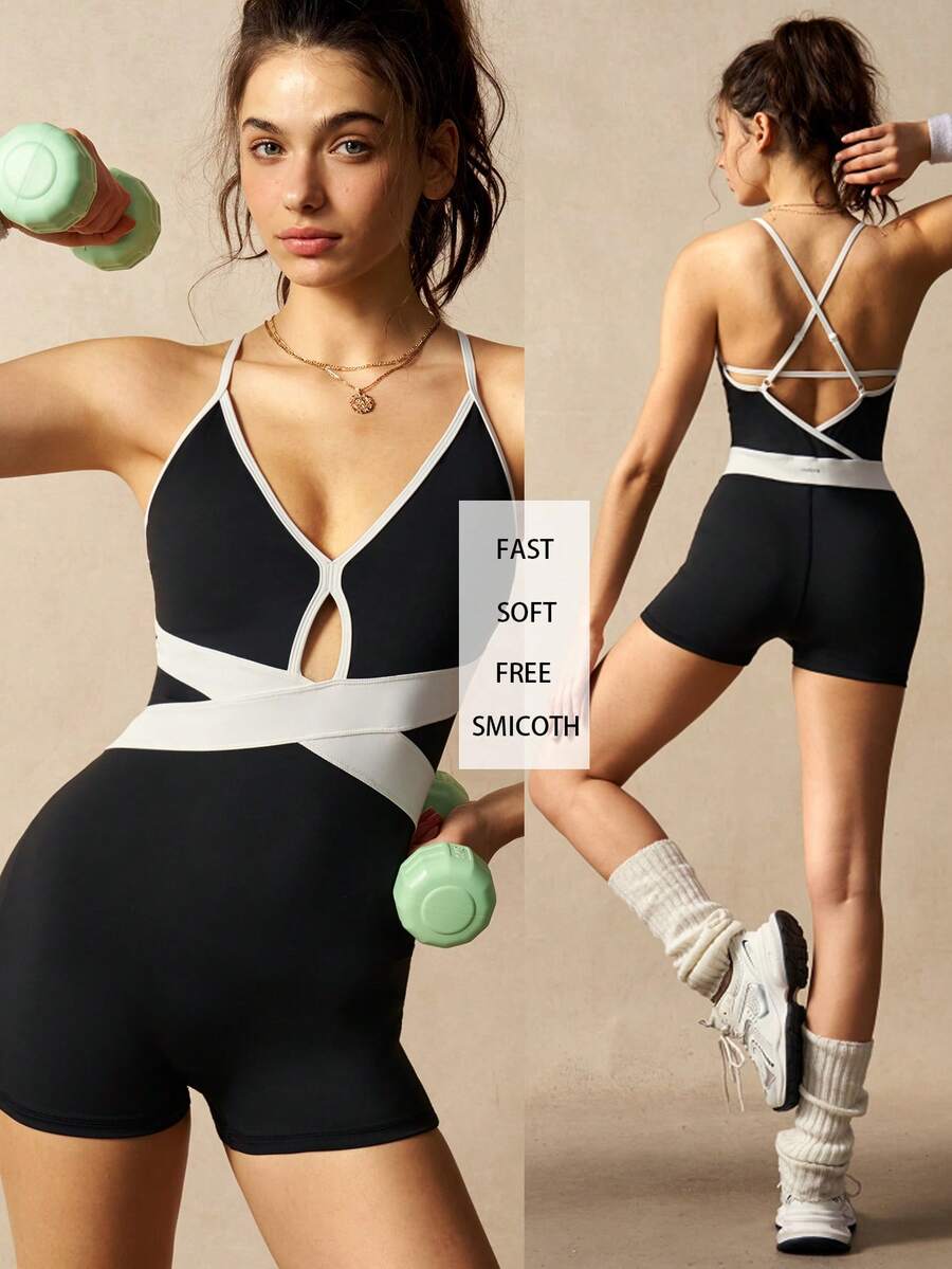 VARSIVA Women's Deep V Color Block Cutout Crossover Design Suspender Straps With Built-In Bra Pads Yoga Pilates Gym Jumpsuit.