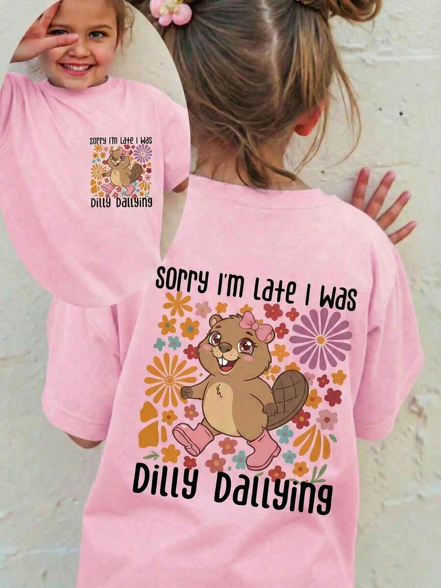 Tween Girls Cartoon Print Short Sleeve T-Shirt, Casual - Pink - View 1