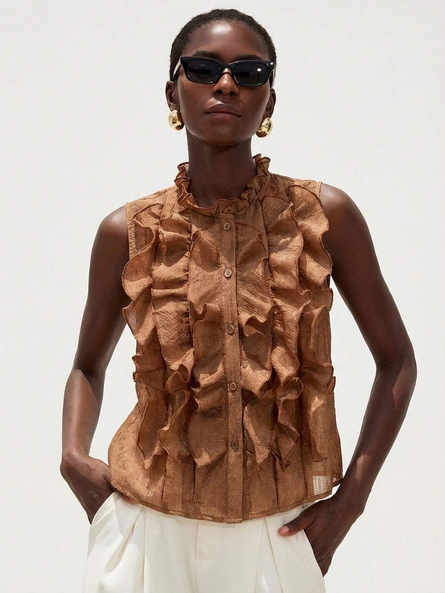 Aveloria Modichic Elegant Romantic Versatile French Style Sleeveless Shirt For Women, White Textured Crinkle Sheer Multi-Layer Ruffle Collar Design - Rust Brown - View 1