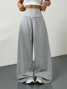 SHEIN Tall Quần nỉ dài màu xám, cạp chun, dáng rộng, thích hợp mặc đi học lại vào mùa đông, lễ tốt nghiệp, trang phục giáo viên cho nữ, quần áo mùa thu cho nữ đi học. - Xám - Xem 5