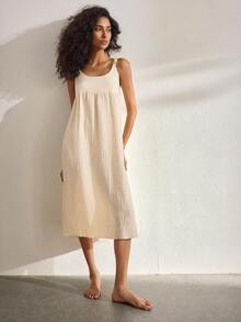 Ocili 女士多层吊带系腰休闲宽松连衣裙 - 杏色 - 查看 7