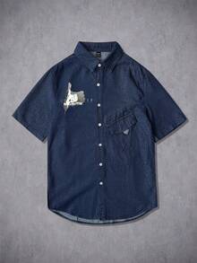 Manfinity Hypemode Men's American Style Premium Printed Denim Short Sleeve Shirt - Blue - View 3