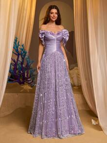 Glamrae Elegant Light Gray-Purple Luxury 3D Beaded Embroidery, Wide Strap Square Neck Bask Waist Handmade Woven Rope Belt Super Flared A-Line Skirt, Suitable For Dates, Vacations, Singles Parties, Weddings, Women's Evening Gown - Dusty Purple - View 4