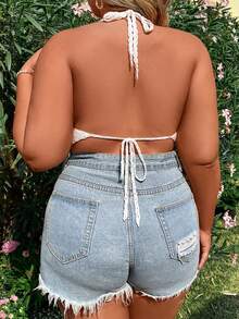 Flirla Áo khoác ngoài đi biển đan móc tay cỡ lớn dành cho nữ, có dây buộc cổ. - trắng - Xem 2