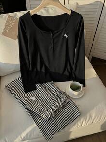 Comfortcana 2025冬季大尺碼女款休閒黑白條紋居家服Curve 2件套，刺繡鈕扣上衣與條紋長褲，感恩節穿搭 - 黑色 - 查看 10