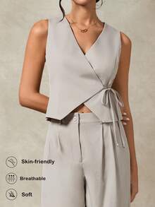 Briarwyn 女士简约通勤纯色系带吊带背心和裤子套装，夏季，夏季服装，女士夏季服装，夏季度假服装，情人节，女士度假服装，夏季度假服装，女士海滩度假服装，外出服装，灰色两件套，优雅派对两件套，女士休闲套装 - 灰色 - 查看 3