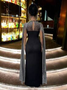 Elenzga Women's Elegant Luxurious Black Satin Long Sleeve Evening Dress,Autumn Sequin Strapless Waist Cinched Gowns,Formal Parties Galas & Dining Dress - Black - View 2
