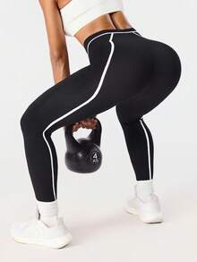 SHEIN Sports 女士无缝黑白条纹紧身裤，适合户外健身和运动 - 黑與白 - 查看 5