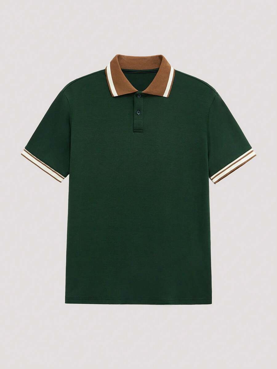 Open Phase Men Striped Trim Polo Shirt, Couple Things - Dark Green - View 1