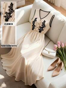 GlowEve CURVE Plus Size Sleeveless A-Line Chiffon Summer Dress,Beige,Elegant,Date Night,Wedding Guest Floral Embroidered Spring Outfits For Women,Tulle Dress - Apricot - View 1