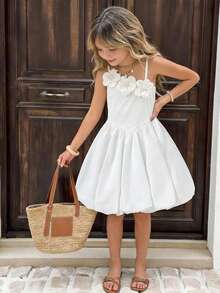 Tween Girls' Spaghetti Strap Dress,3D Floral Decor White Elegant Summer Vacation Holiday Birthday Party Fitted Ribbed Top Gentle Style Outfit - White - View 2