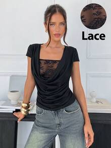 Siren Gaze 春夏新款蕾丝拼接荷叶边领T恤，女士优雅黑色弹力修身褶裥收腰显瘦上衣 - 黑色 - 查看 8