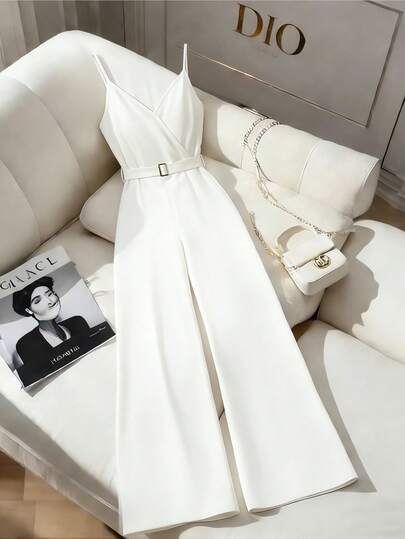 GlowEve Women's Summer Solid Color V-Neck Sleeveless Wide Leg Jumpsuit, Elegant Draping Waist Romper