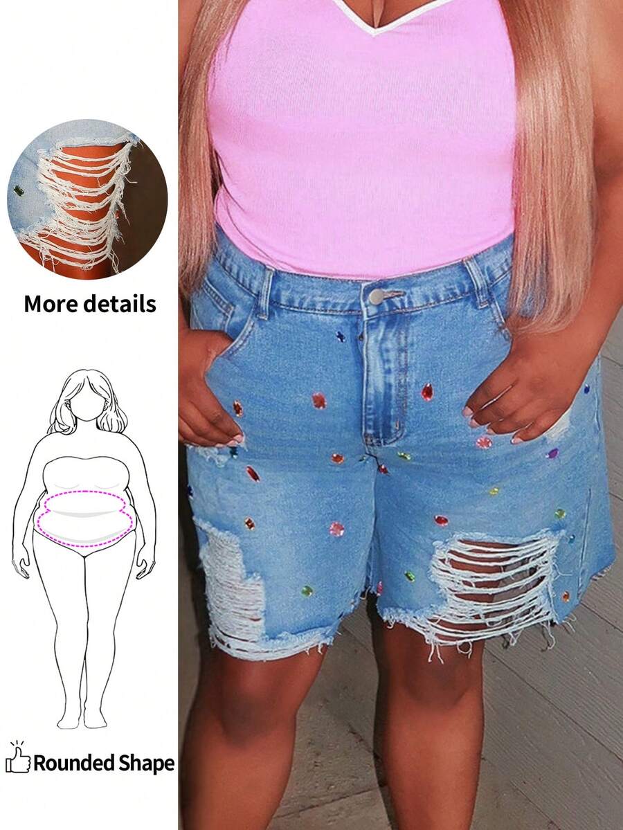 Enliva Pantalones cortos de mezclilla casuales con bolsillos, decoración de rhinestones y efecto desgastado para mujeres de talla grande y silueta redondeada, para el verano - Azul - Ver 1