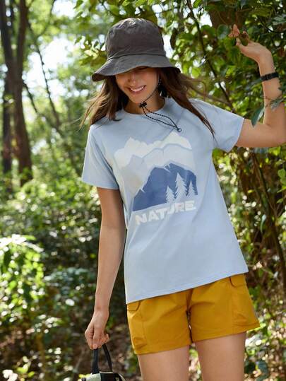 SHEIN In My Nature 女士字母和山脉印花圆领户外短袖T恤