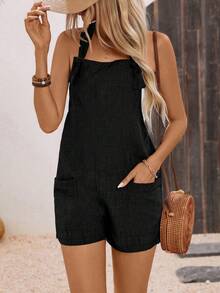 Breezaya 纯色无袖连体裤，带口袋，休闲夏季百搭，打结开衩设计 - 黑色 - 查看 7