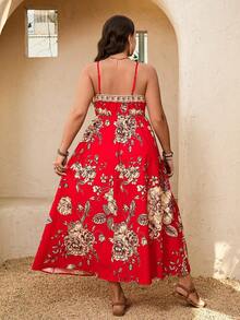 Breezaya Plus Size Women Vacation Style Floral Print Spaghetti Strap Dress - Multicolor - View 2