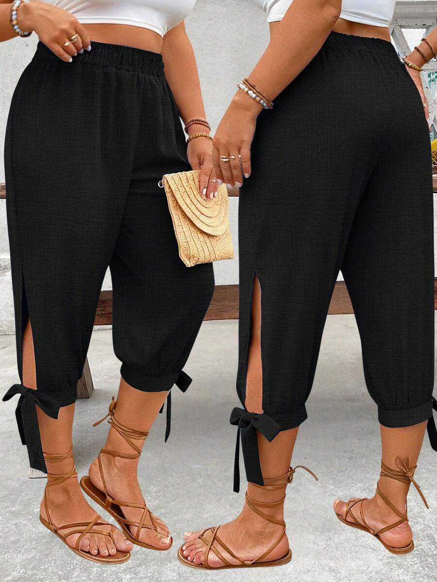 Breezaya 大码女式束腰休闲双色裤 - 黑色 - 查看 1