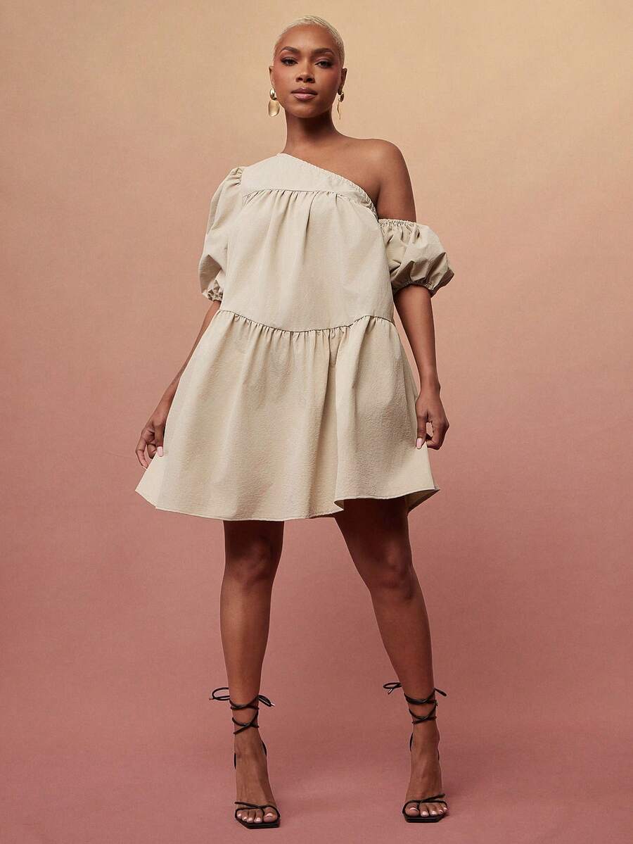 Vixey Solid Woven Asymmetrical Off Shoulder Petal Sleeve Tiered Flowy Short Dress - Khaki - View 1