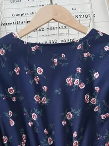 少女度假海滩乡村热带夏季树叶碎花方领花瓣袖系带连衣裙 - 藏蓝色 - 查看 7