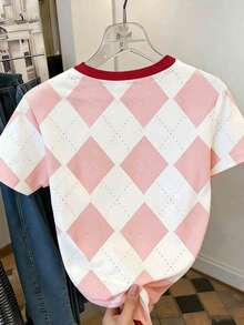 Blusa casual de mujer con estampado gráfico, cuello redondo, cómoda y con bloques de color, adecuada para uso diario y estacional - Rosa - Ver 2