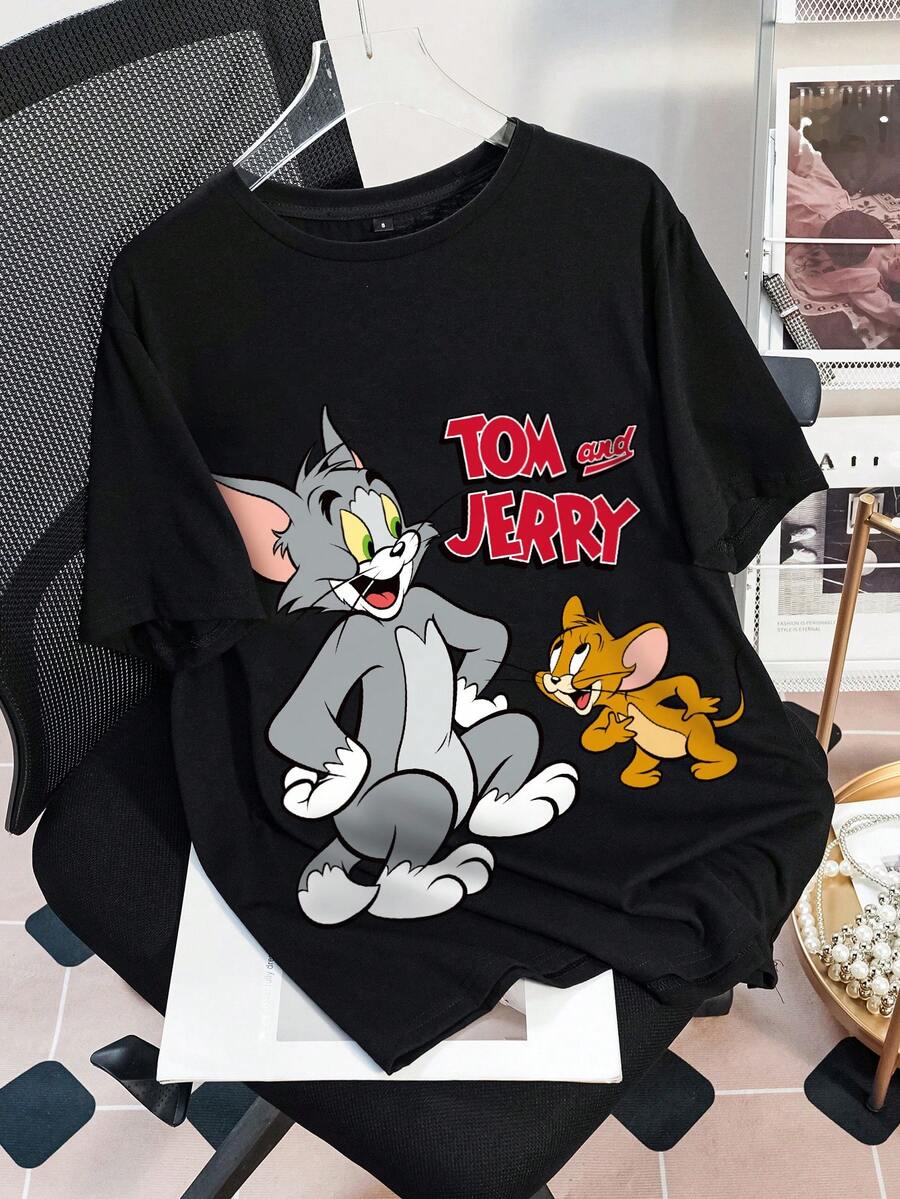 TOM & JERRY X SHEIN Buchstaben & Cartoon Grafik Lässig Loose Rundhals Kurzarm Damen T-Shirt für 2025 Neujahr, Sommer - Schwarz - Übersicht 1