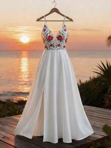 Elenzga Đầm cổ chữ V in hoa, buộc dây phía sau, xẻ tà, lưng thun, kiểu dáng thanh lịch, thoải mái cho kỳ nghỉ. - Nhiều màu - Xem 3