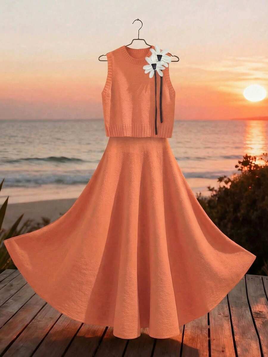 SHEIN LUNE 秋冬新款宽松碎花圆领无袖针织背心搭配碎花灰色A字针织中长裙,女士两件套毛衣套装 - 橘色 - 查看 1