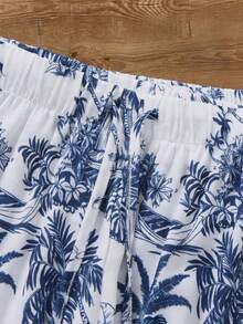 GlowEve Pantalones rectos de cintura alta con cordón, estampado de plantas, informales y cómodos para vacaciones - Azul y blanco - Ver 8