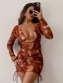Swim SXY Conjunto de 3 peças sexy de manga comprida com estampa em tule, modelo bodycon, com franzido frontal que valoriza a silhueta. Vestido sexy multicolorido para férias, resort e cruzeiro. Ideal para mulheres em resorts e cruzeiros. Disponível em laranja queimado, marrom ferrugem e marrom para o outono. Conjunto de duas peças marrom para mulheres. - Multicolorido - Ver 5