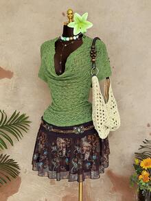 Sunspun Plus Size Lace Scoop Neck T-Shirt, Sensual Style - Green - View 6