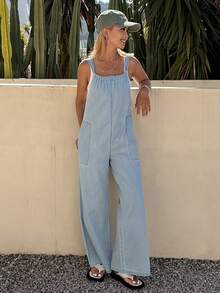 DAZY Quần yếm và áo liền quần denim buộc dây kiểu dáng nghỉ dưỡng dành cho nữ. - Rửa nhẹ - Xem 4