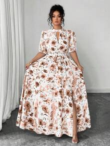 Elenzga 大码休闲夏季碎花沙滩度假浪漫优雅连衣裙 女士夏季连衣裙 女士优雅套装 - 橘色 - 查看 4