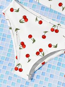 SHEIN 女童休闲可爱复古樱桃印花修身吊带背心和三角比基尼泳衣套装，适合夏季休闲度假，#Coconutgirl，可爱夏季外出穿搭，夏季儿童单品，夏季外出装备，韩版风格，返校季，返校节，复古风 - 彩色 - 查看 6