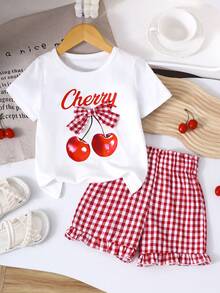 Souflis Souflis 2pcs/Set Young Girl Cherry Print Gingham Bow Decor T-Shirt And Ruffle Trim Gingham Short - Red and White - View 1