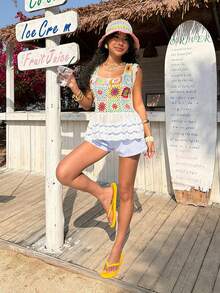 SHEIN EZwear 女士彩色钩针花卉拼接无袖背心，适合度假穿着 - 彩色 - 查看 3
