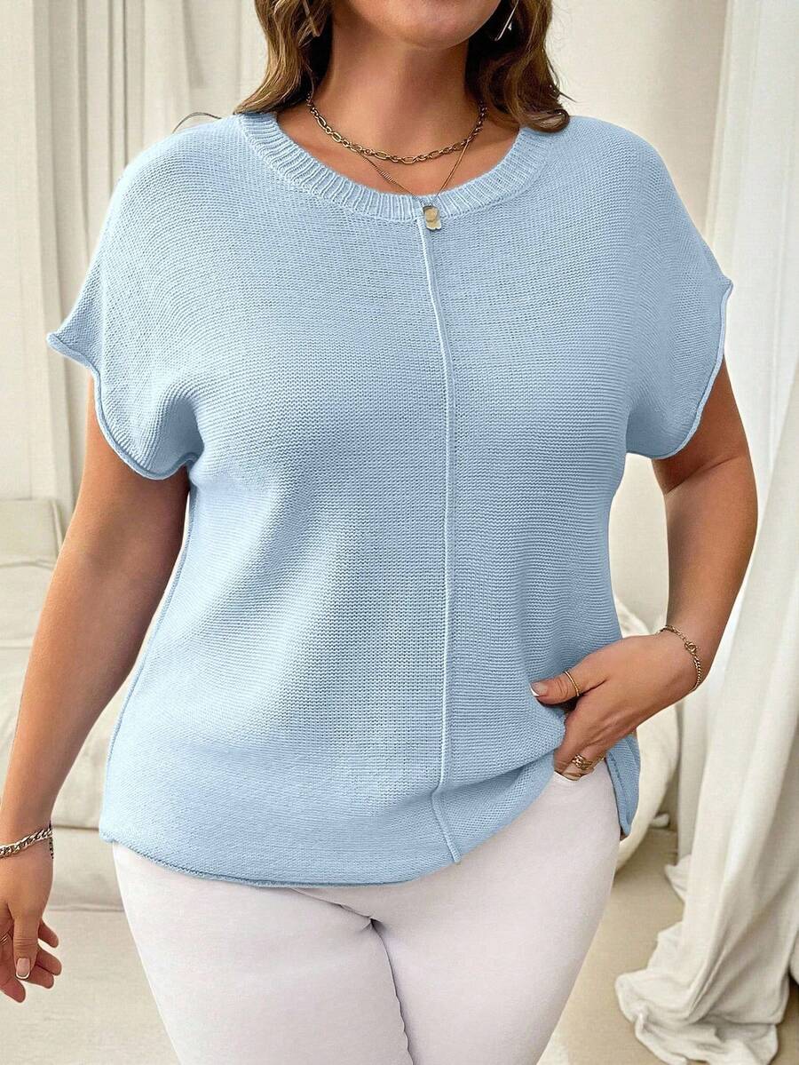 Vionelle Plus Size Solid Color Minimalist Knit Sweater, Suitable For Commuting - Baby Blue - View 1