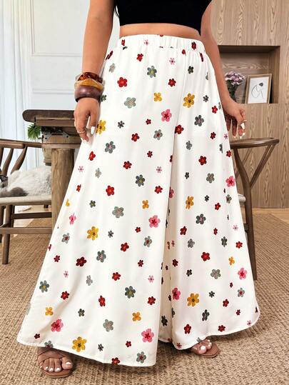 Weeklong Plus Size Women Elastic Waist Wide Leg Pants With Floral Print, Elegant Lady Comfortable Versatile, Spring/Summer