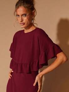 COSMINA 女士优雅荷叶边长袖圆领连衣裙，适合约会、派对等各种场合，四季皆宜。 - 酒紅色 - 查看 5